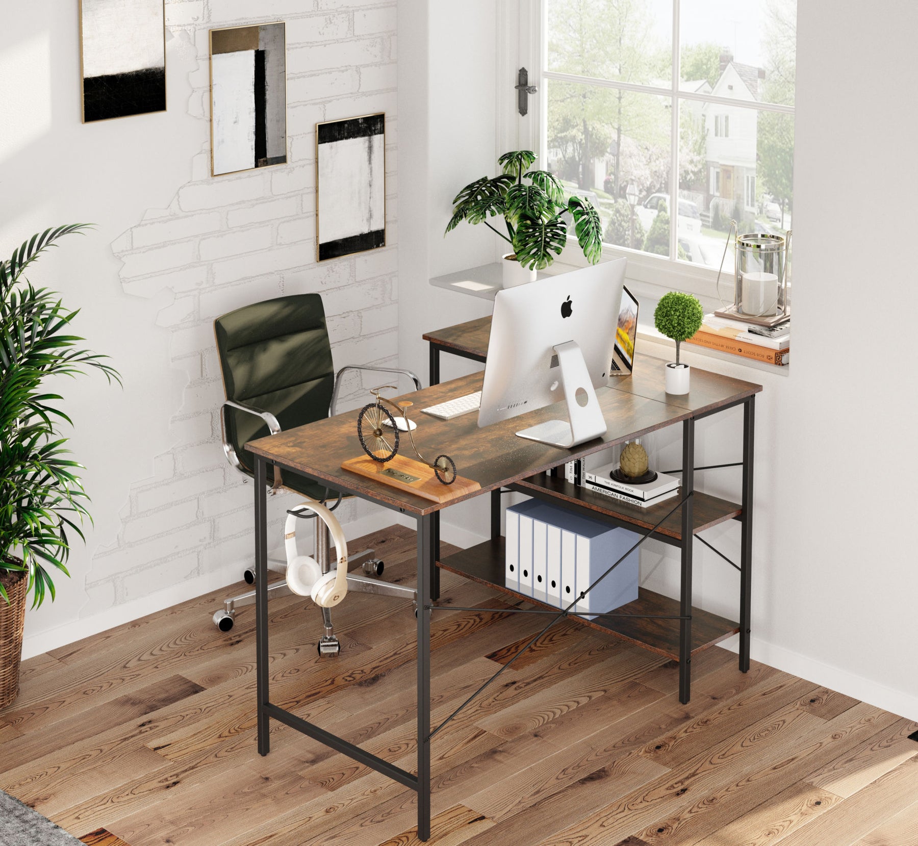 L-Shaped Computer Desk in Rustic Brown Finish