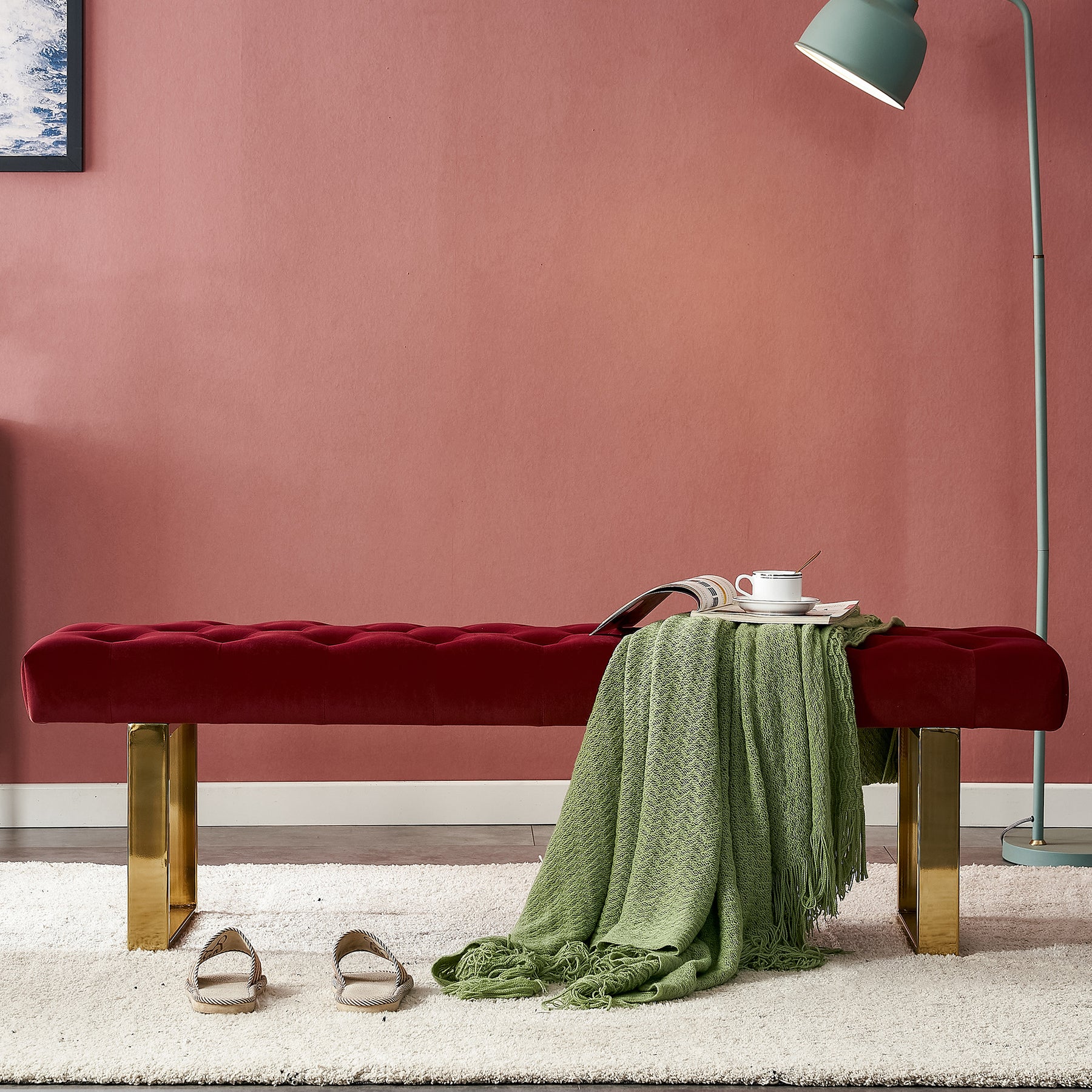 Velvet Upholstered Dark Burgundy Bench with Gold Metal Legs