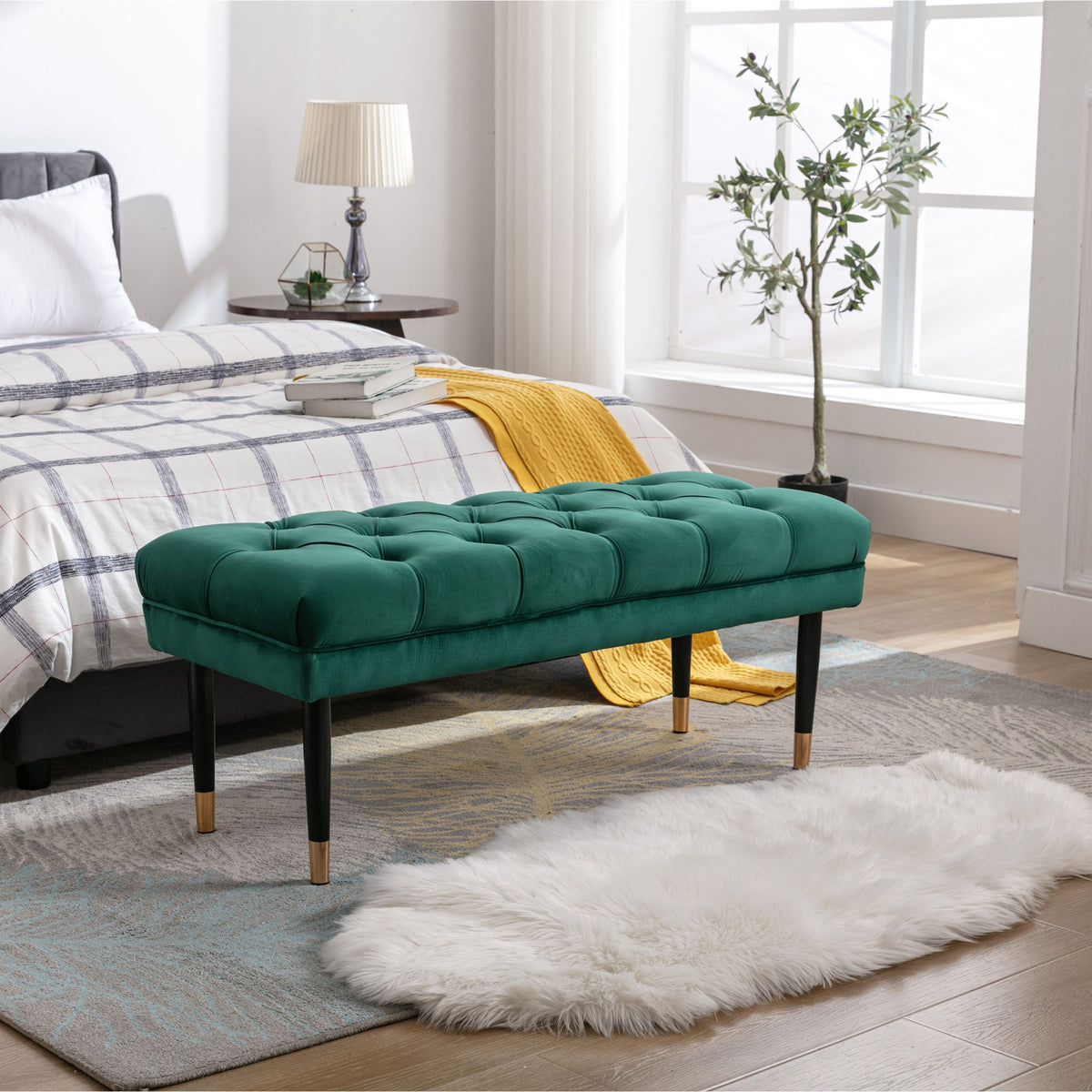 Modern Velvet Tufted-Button Ottoman Bench with Metal Legs (Green)