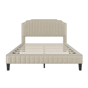 Modern Linen Curved Upholstered Platform Bed Solid Wood Frame Nailhead Trim