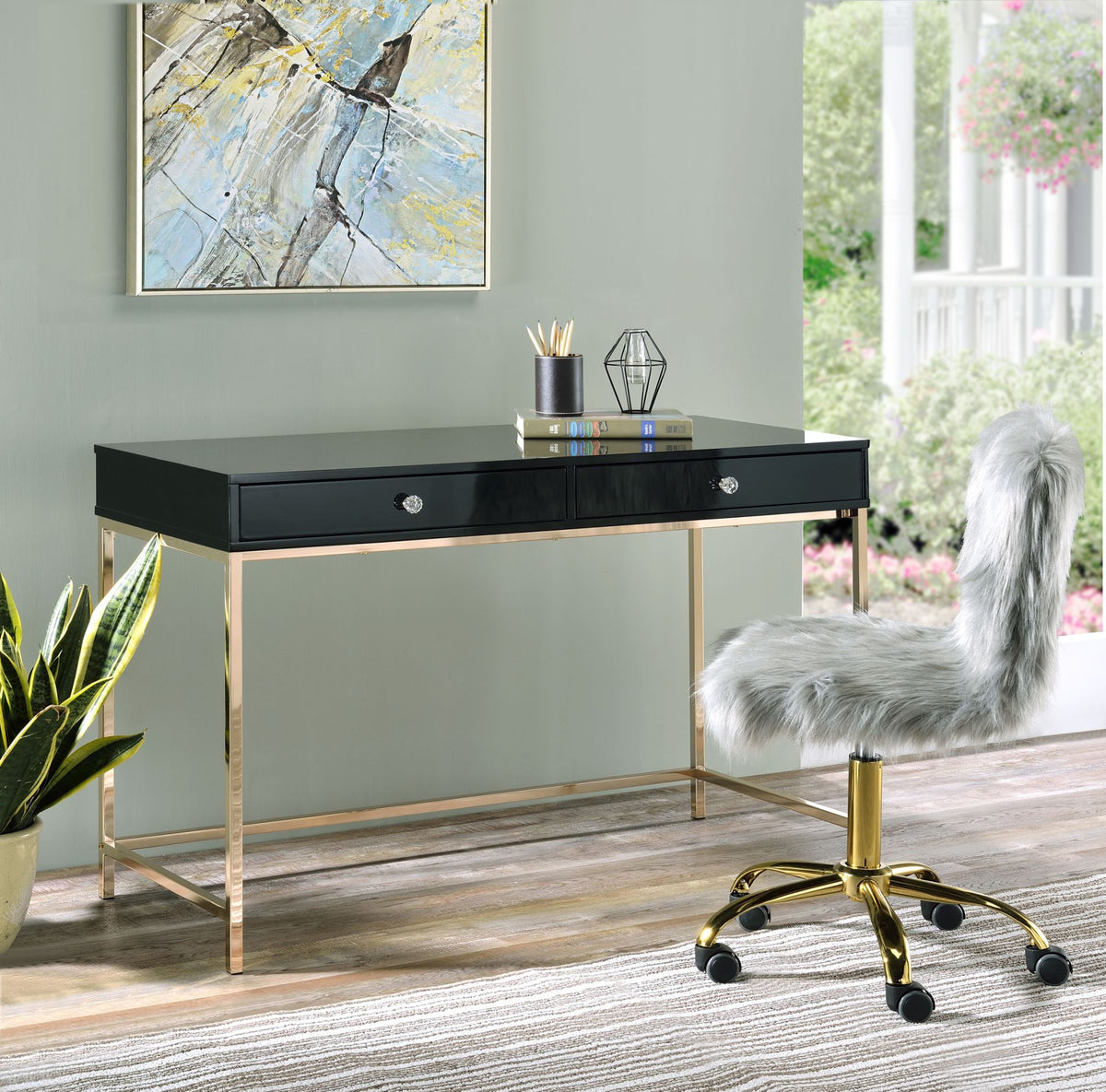 Ottey Writing Desk in Black High Gloss & Gold Finish