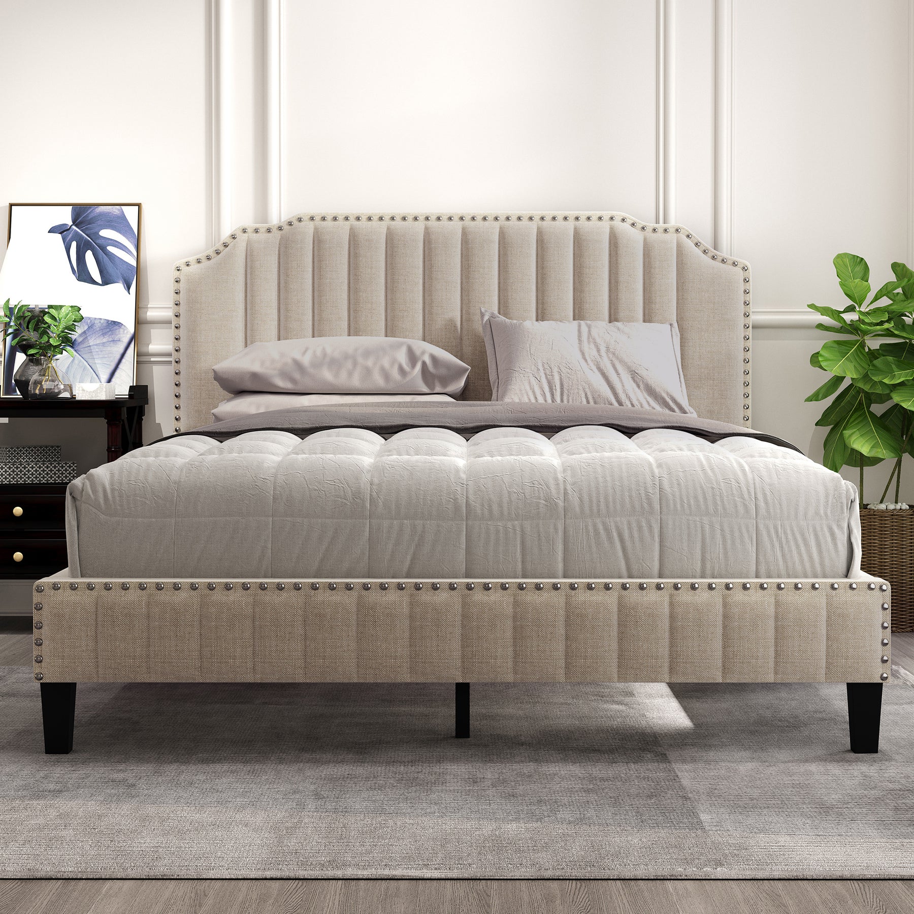 Modern Linen Curved Upholstered Platform Bed Solid Wood Frame Nailhead Trim