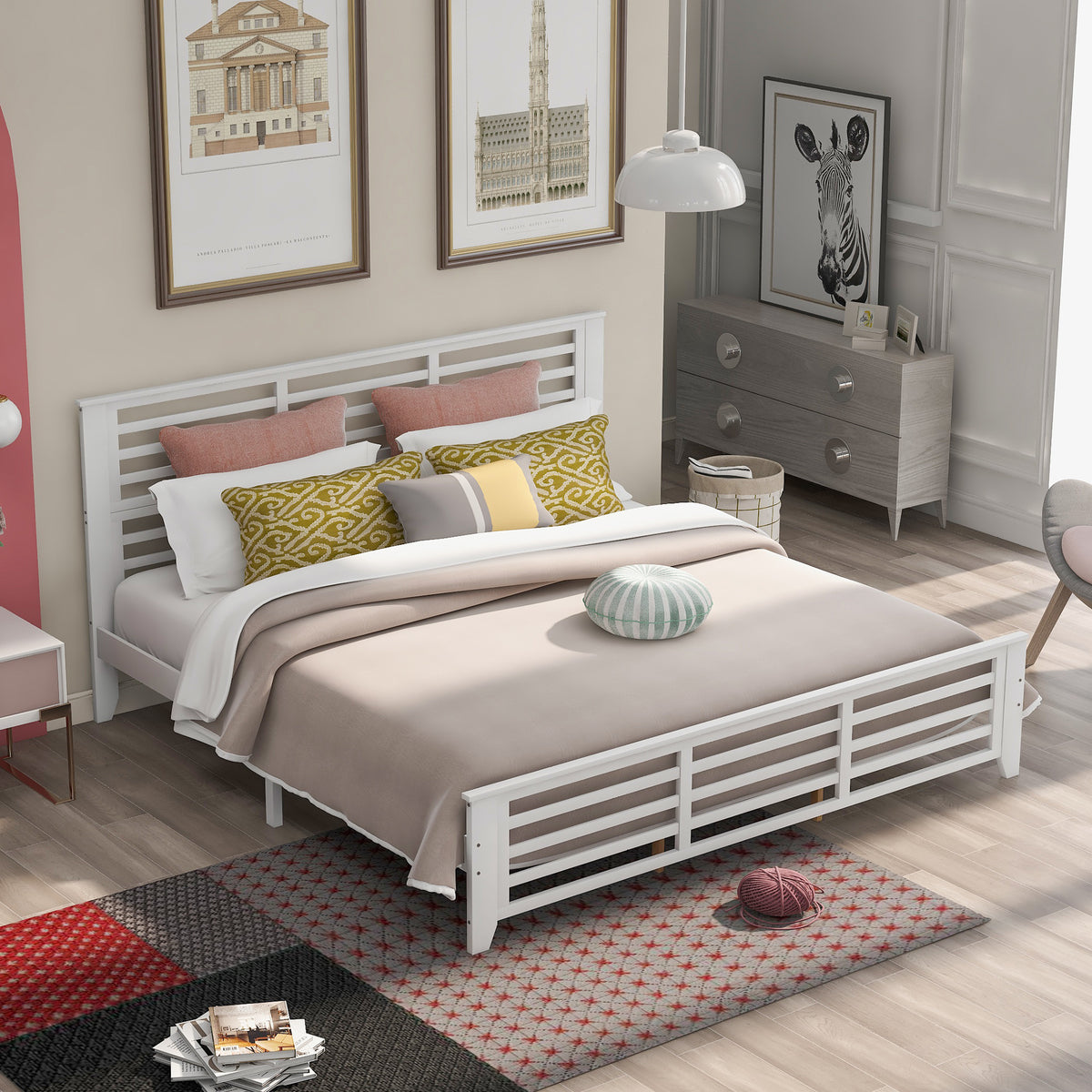 Platform bed with horizontal strip hollow shape, King size, white