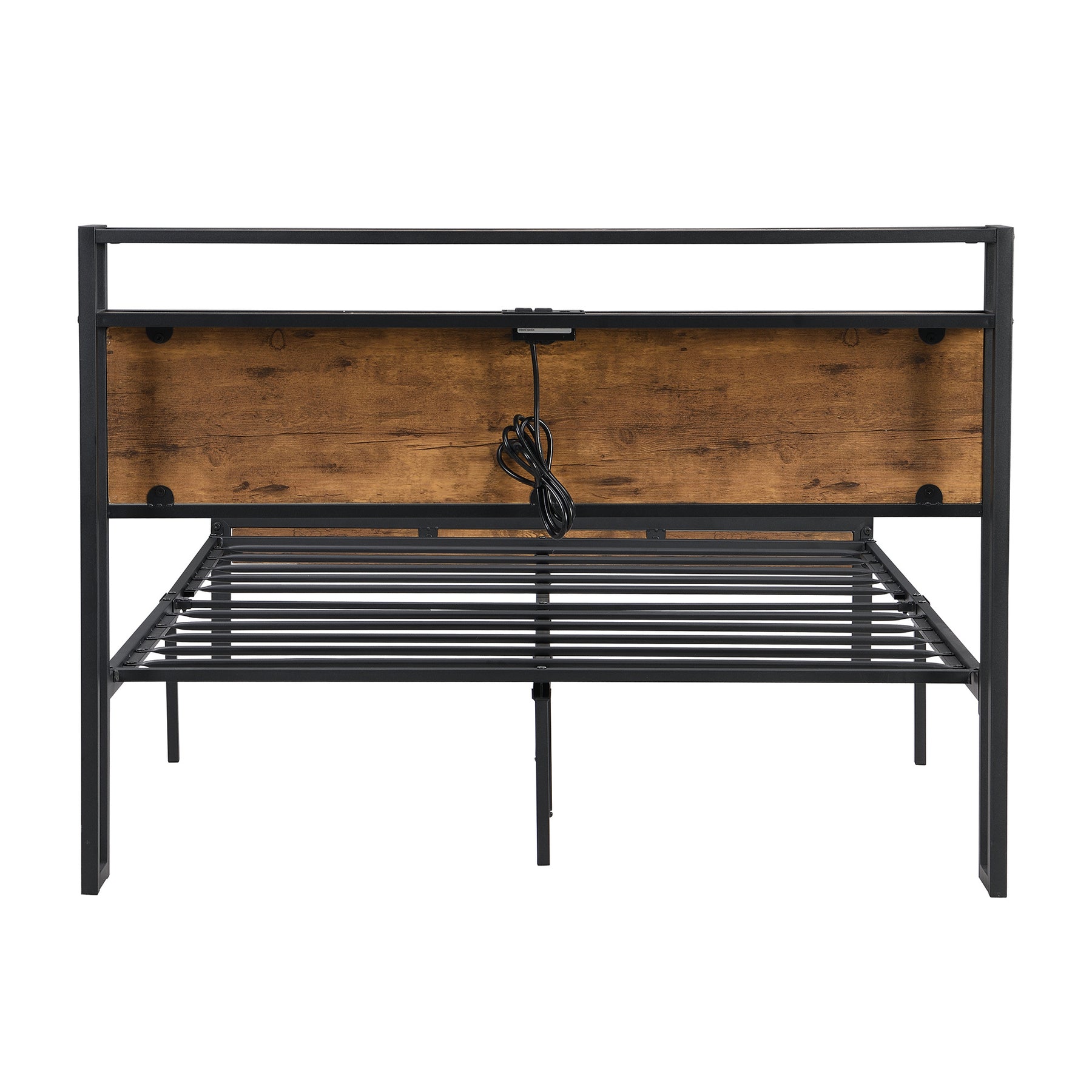 Queen Size Metal Platform Bed Frame with Wooden Headboard and Footboard with USB LINER, No Box Spring Needed, Large Under Bed Storage, Easy Assemble