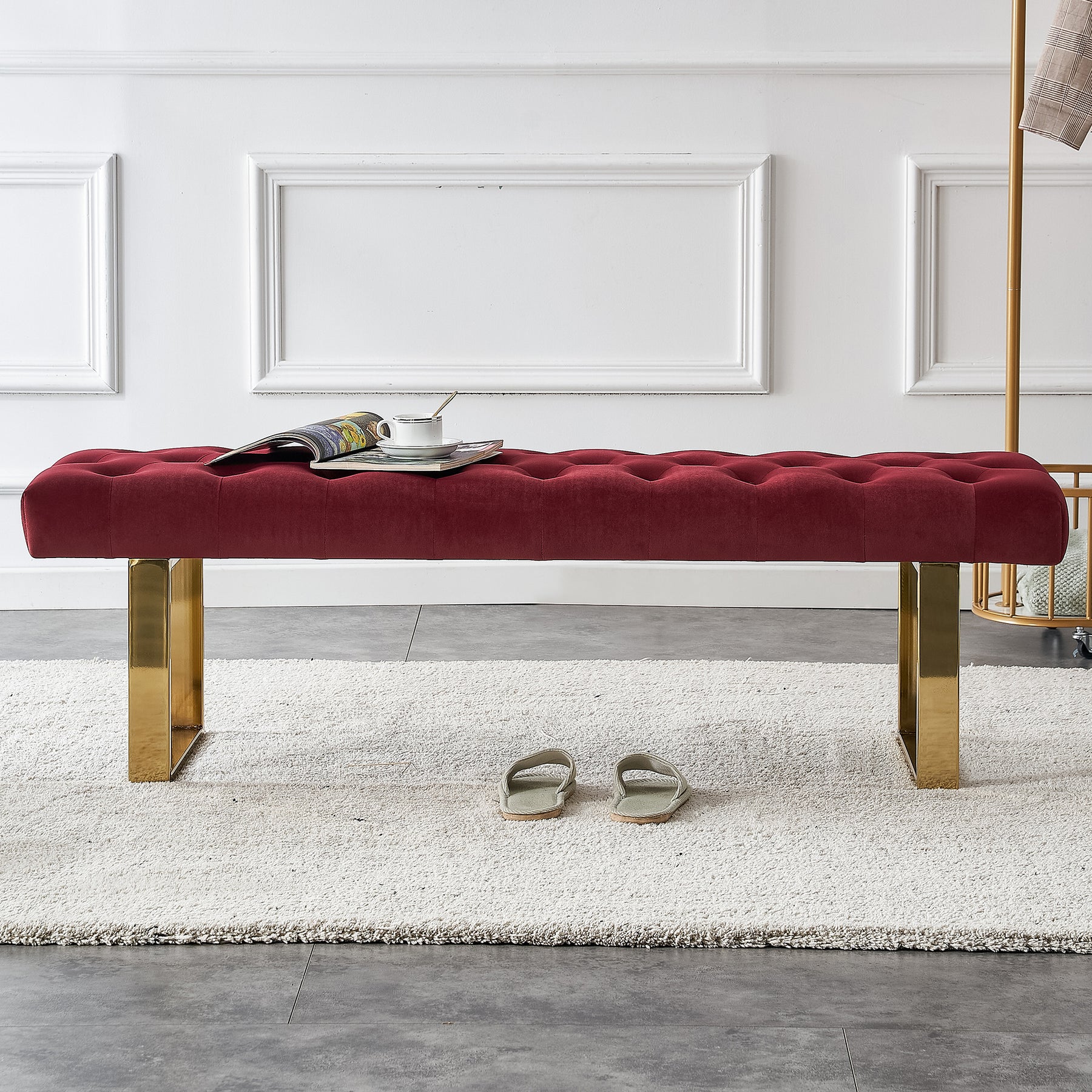 Velvet Upholstered Dark Burgundy Bench with Gold Metal Legs