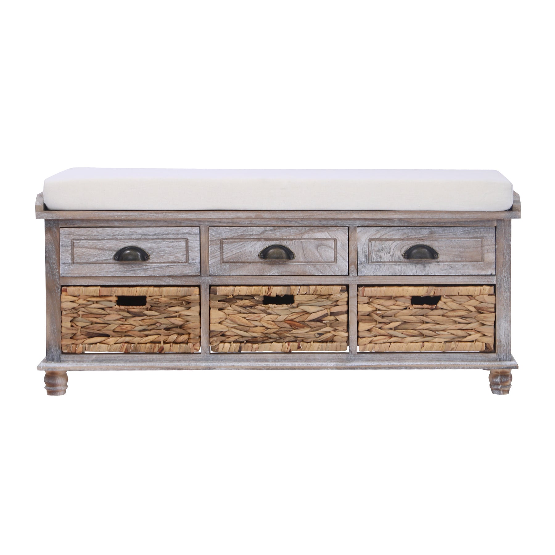 Storage Bench with 3 Drawers | 3 Rattan Baskets and Removable Cushion (White Washed)