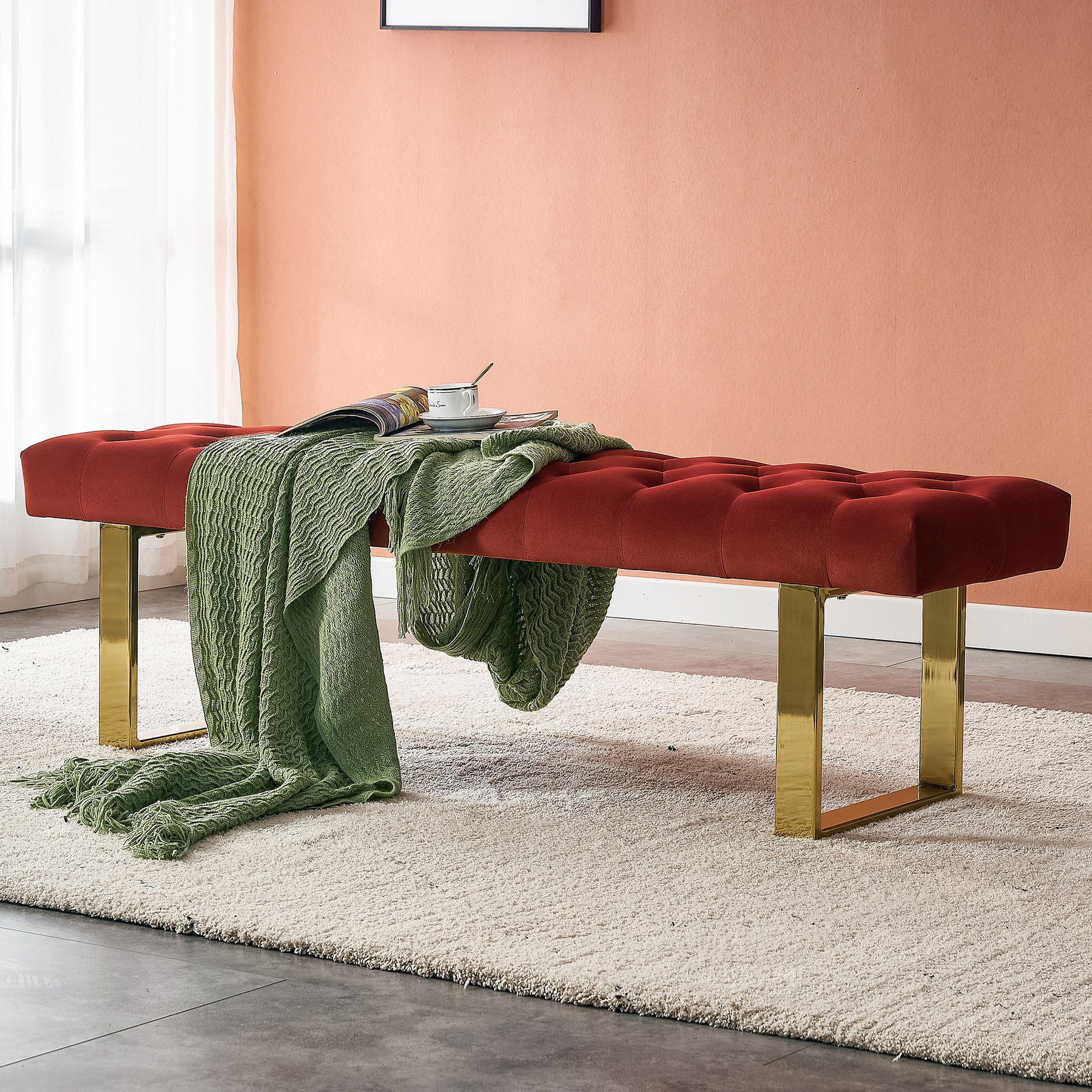 Velvet Upholstered Dark Burgundy Bench with Gold Metal Legs