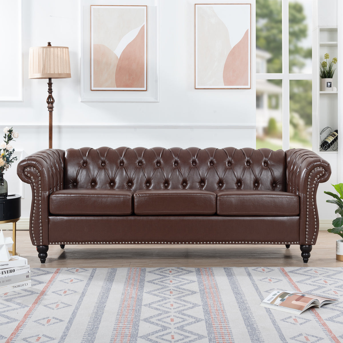 Dark Brown PU Rolled Arm Chesterfield Three Seater Sofa