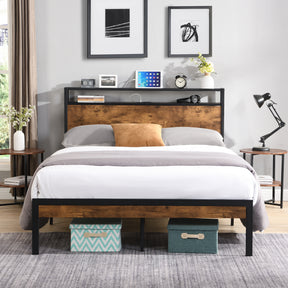 Queen Size Metal Platform Bed Frame with Wooden Headboard and Footboard with USB LINER, No Box Spring Needed, Large Under Bed Storage, Easy Assemble