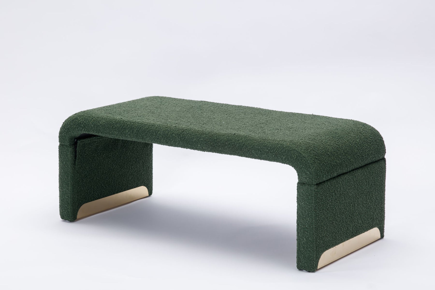 Green Boucle Fabric Loveseat Ottoman Bench with Gold Metal Legs