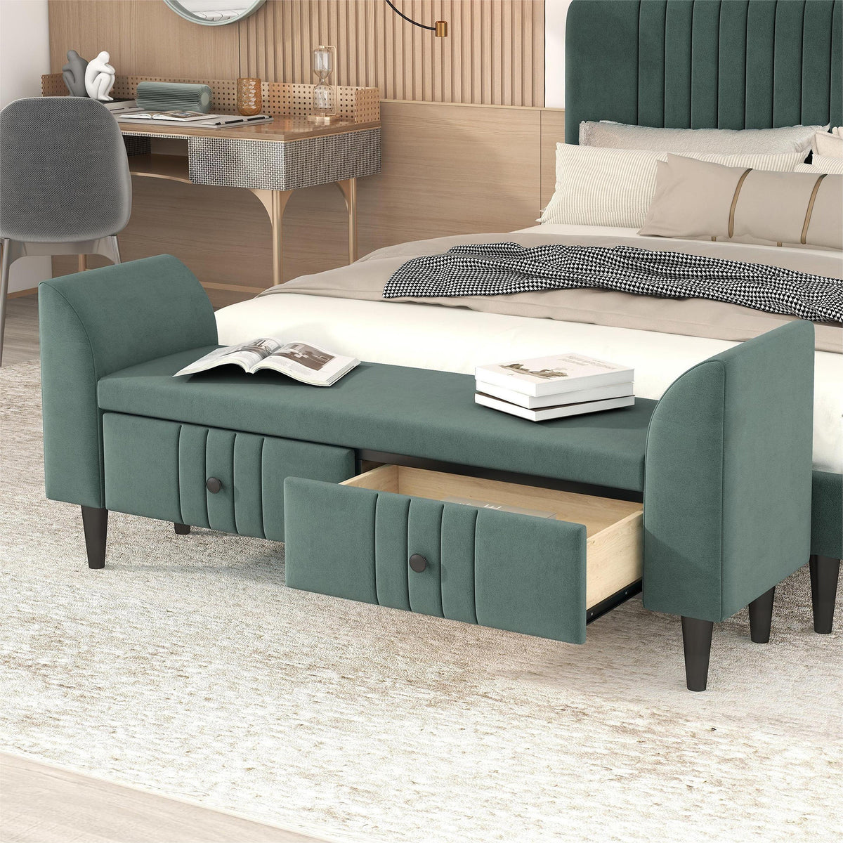 Upholstered Wooden Storage Ottoman Bench with 2 Drawers (Green)