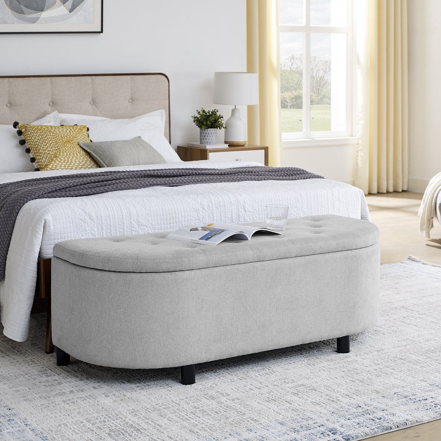 2 Modern Grey & Yellow Linen Storage Ottomans