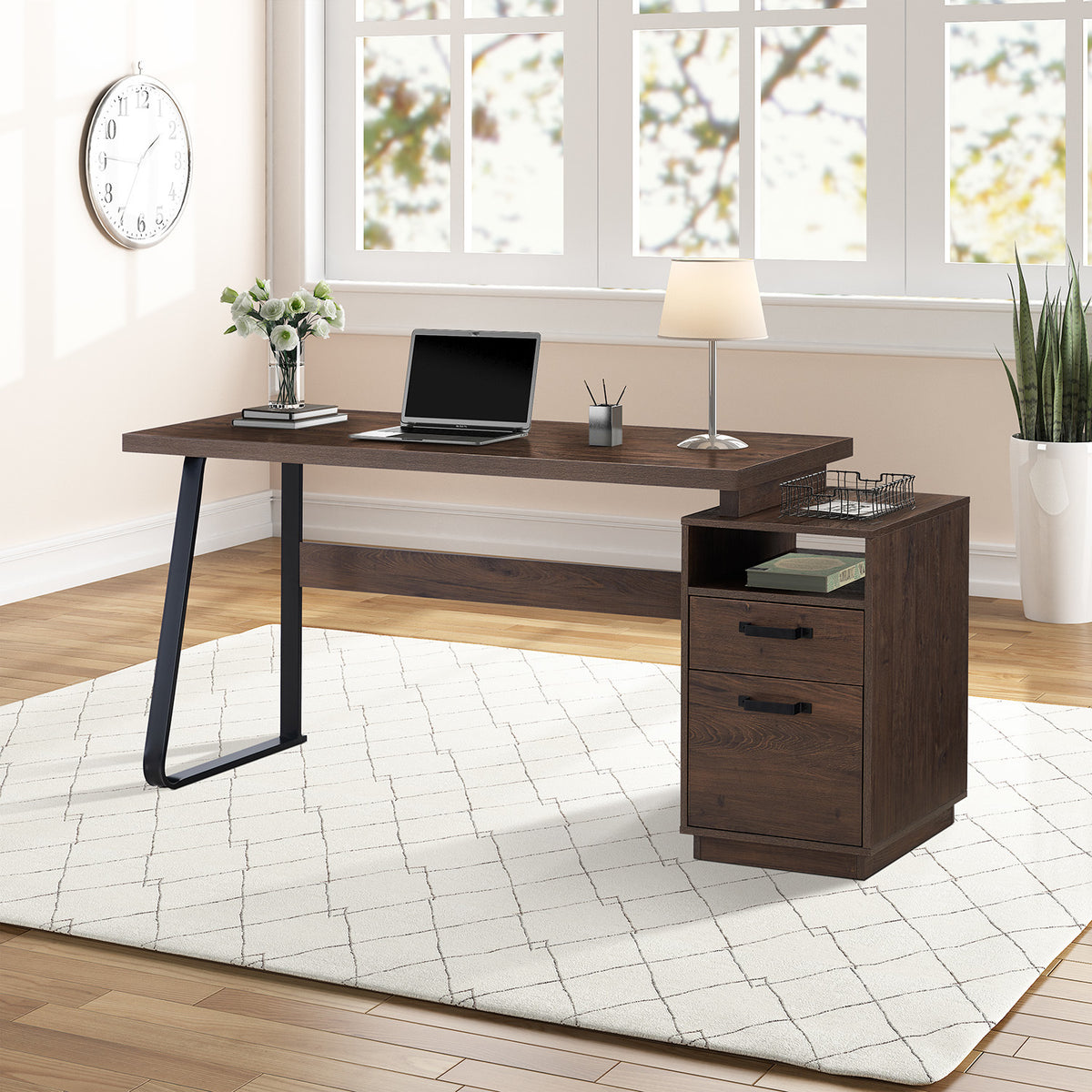 Home Office Computer Desk with Drawers in Brown