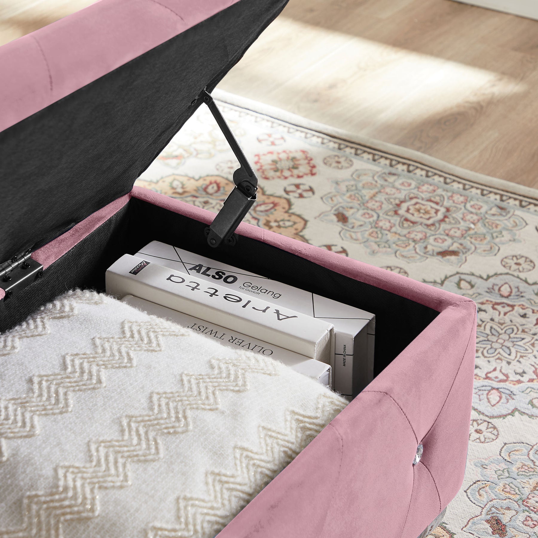 Pink Velvet Flip Top Storage Bench