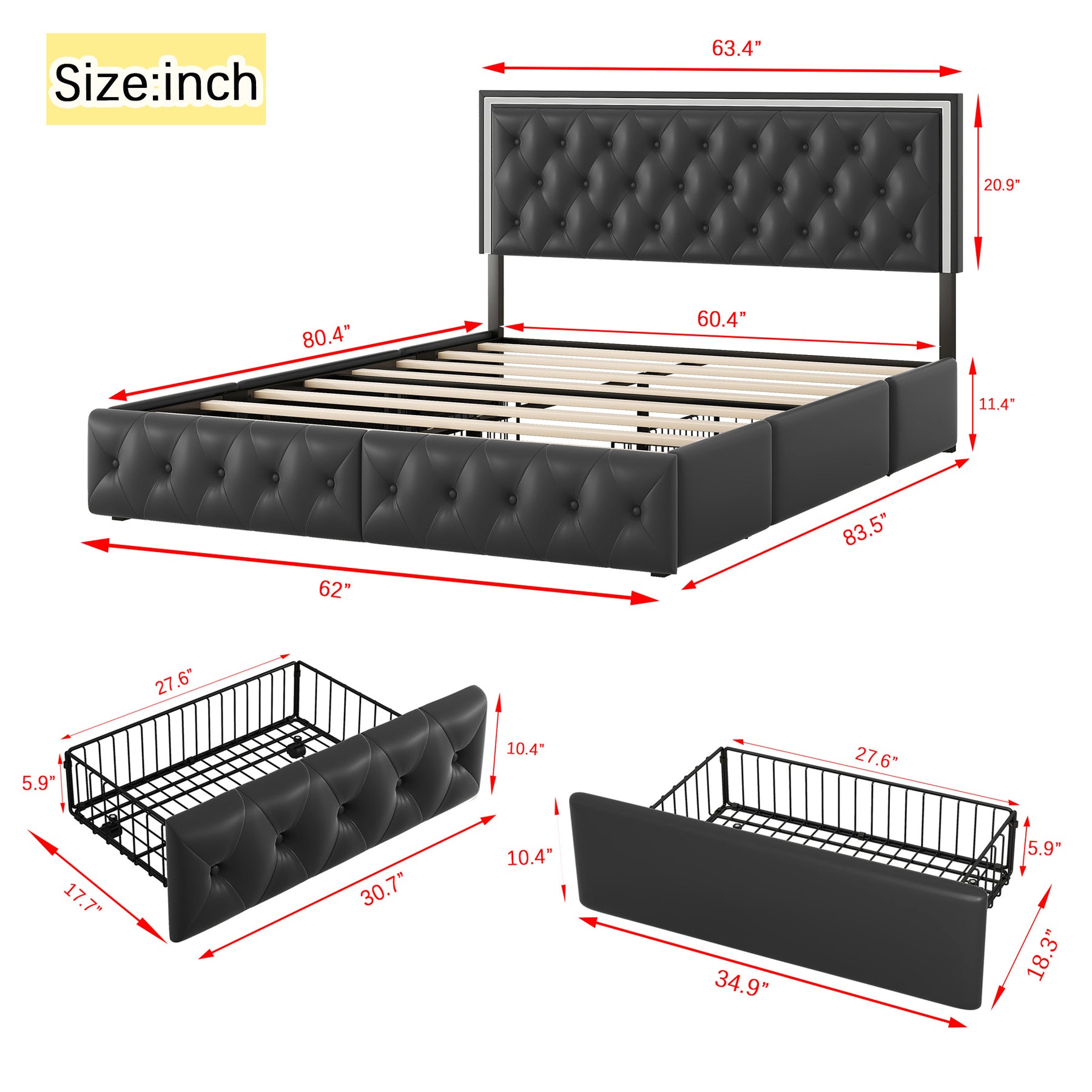 Queen Bed Frame with 4 Storage Drawers, PU Leather Platform