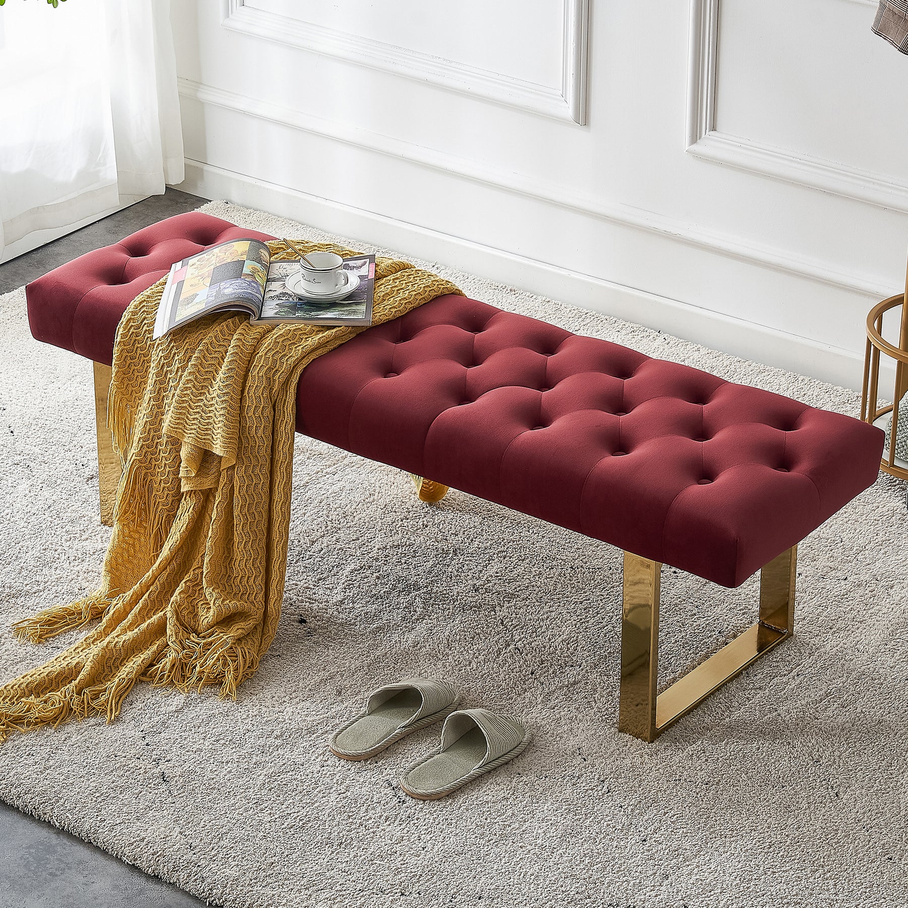 Velvet Upholstered Dark Burgundy Bench with Gold Metal Legs