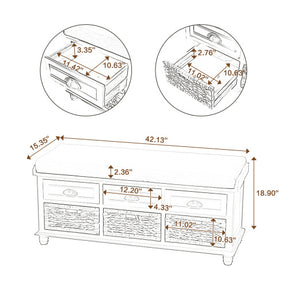 Storage Bench with 3 Drawers | 3 Rattan Baskets and Removable Cushion (White Washed)