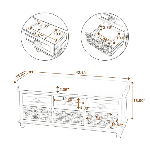 Storage Bench with 3 Drawers | 3 Rattan Baskets and Removable Cushion (White Washed)