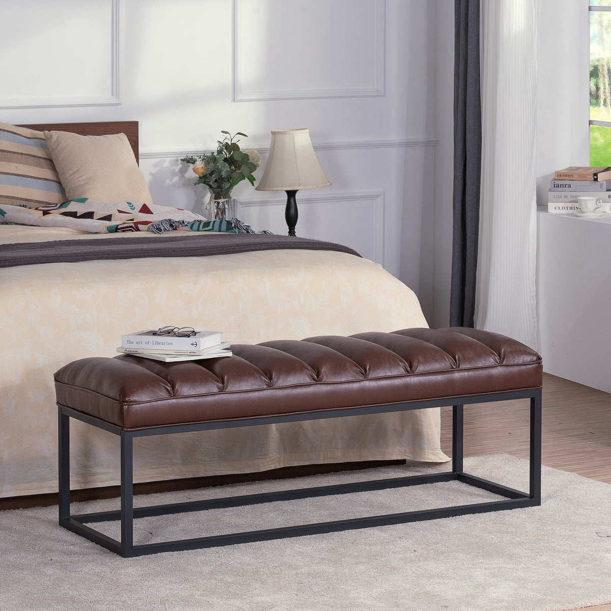 Upholstered Bench with Metal Base for Bedroom and Entryway