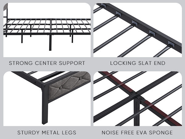 King Bed Frame with Storage Headboard, Charging Station and LED Lights, Upholstered Platform Bed with Heavy Metal Slats, No Box Spring Needed, Noise Free, Easy Assembly, Dark Gray