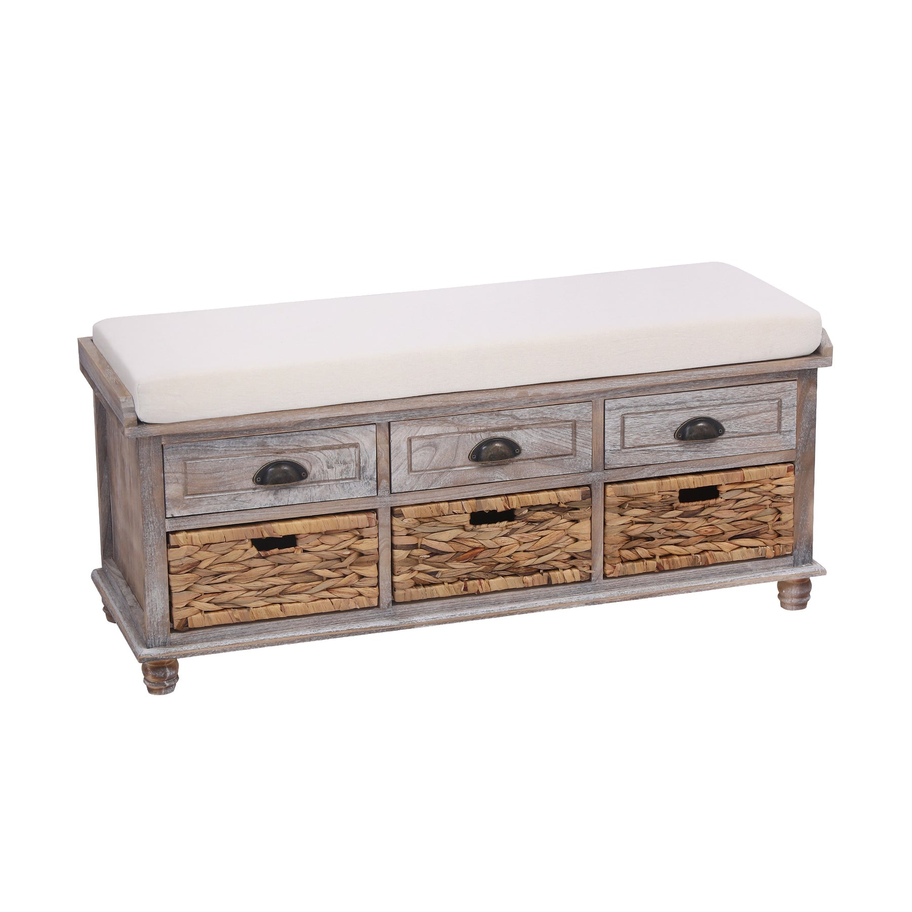 Storage Bench with 3 Drawers | 3 Rattan Baskets and Removable Cushion (White Washed)