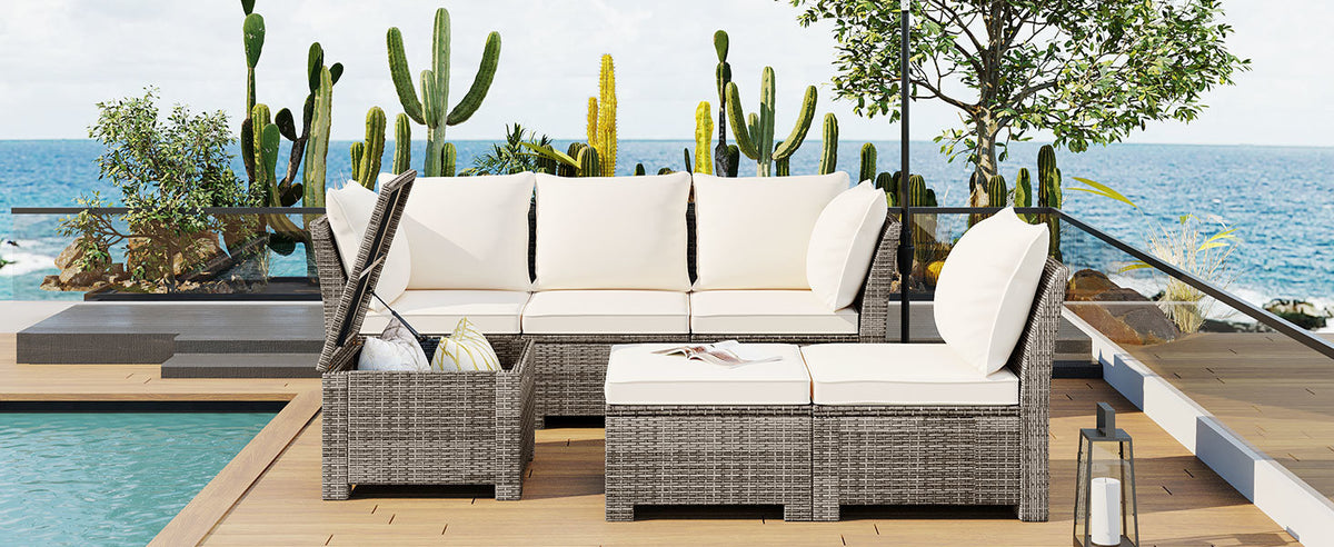 6-Piece Outdoor Sofa Set Wicker Rattan Sofa with 2 Corner Chairs, 2 Single Chairs, 1 Ottoman and 1 Storage Table