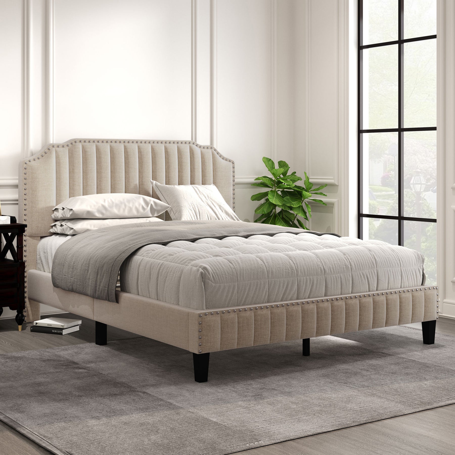 Modern Linen Curved Upholstered Platform Bed Solid Wood Frame Nailhead Trim