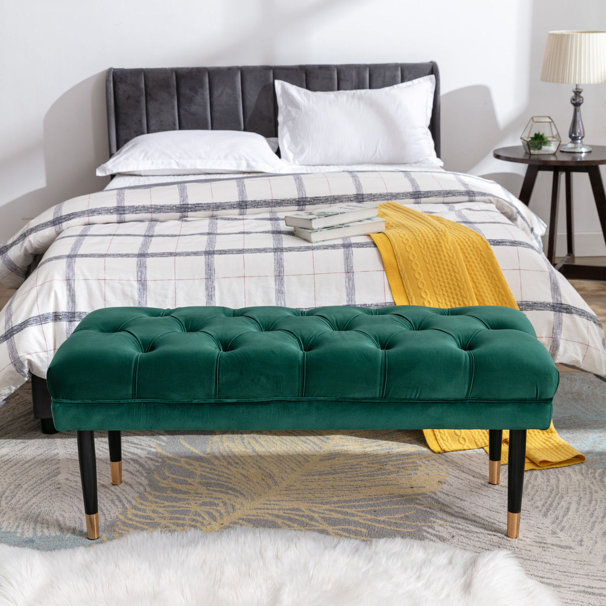 Modern Velvet Tufted-Button Ottoman Bench with Metal Legs (Green)