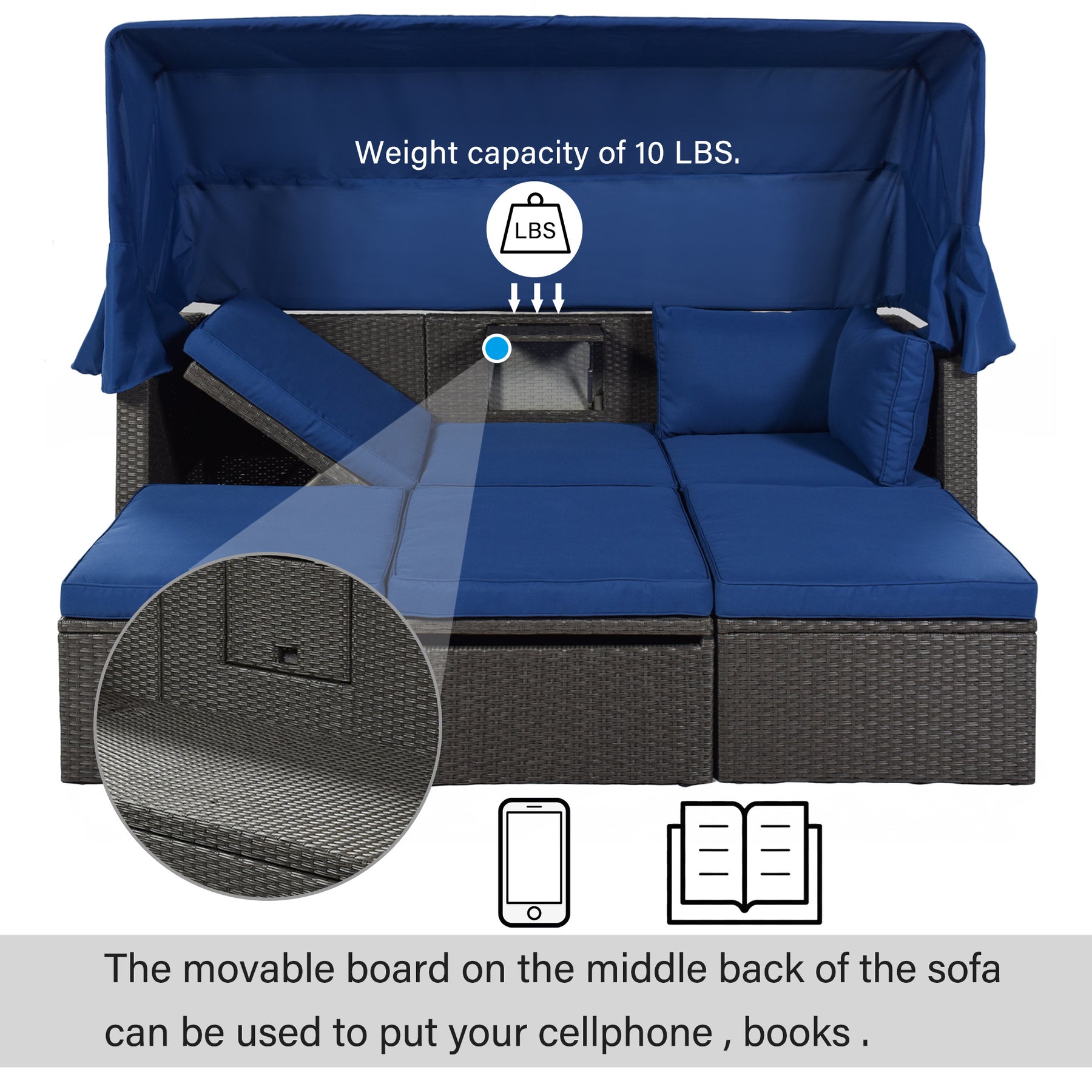 Outdoor Patio Rectangle Daybed with Retractable Canopy