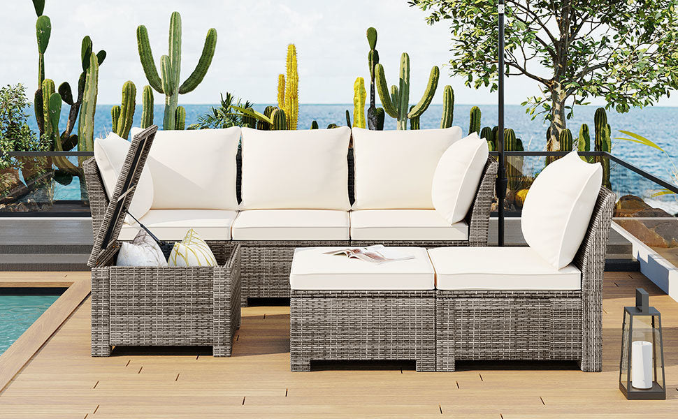 6-Piece Outdoor Sofa Set Wicker Rattan Sofa with 2 Corner Chairs, 2 Single Chairs, 1 Ottoman and 1 Storage Table