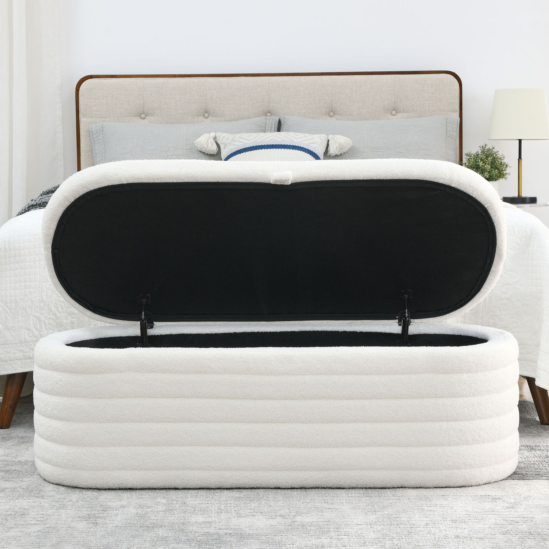 Modern Upholstered Fabric Storage Ottoman Bench with Safety Hinge (White Teddy)