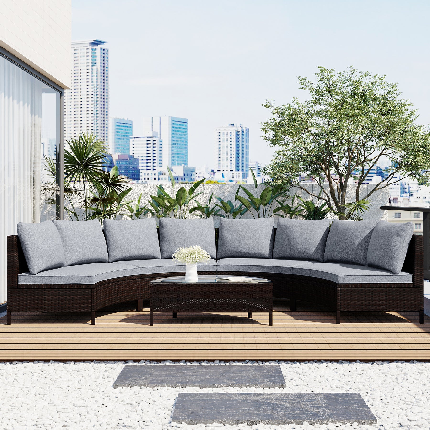 5 Pieces All-Weather Brown PE Rattan Wicker Sofa Set Outdoor Patio Sectional Furniture Set