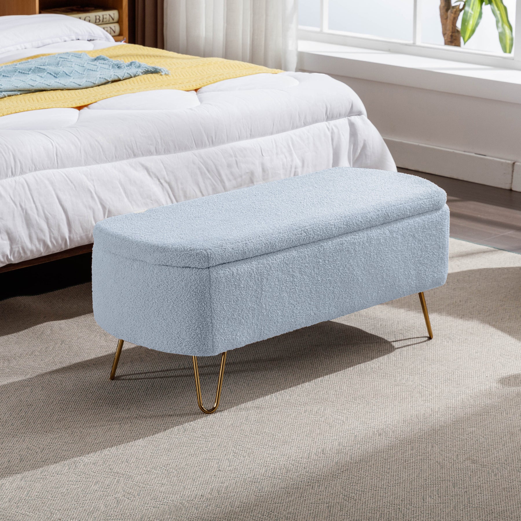 Modern Blue Storage Ottoman Bench with Gold Legs