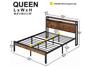 Queen Size Metal Platform Bed Frame with Wooden Headboard and Footboard with USB LINER, No Box Spring Needed, Large Under Bed Storage, Easy Assemble