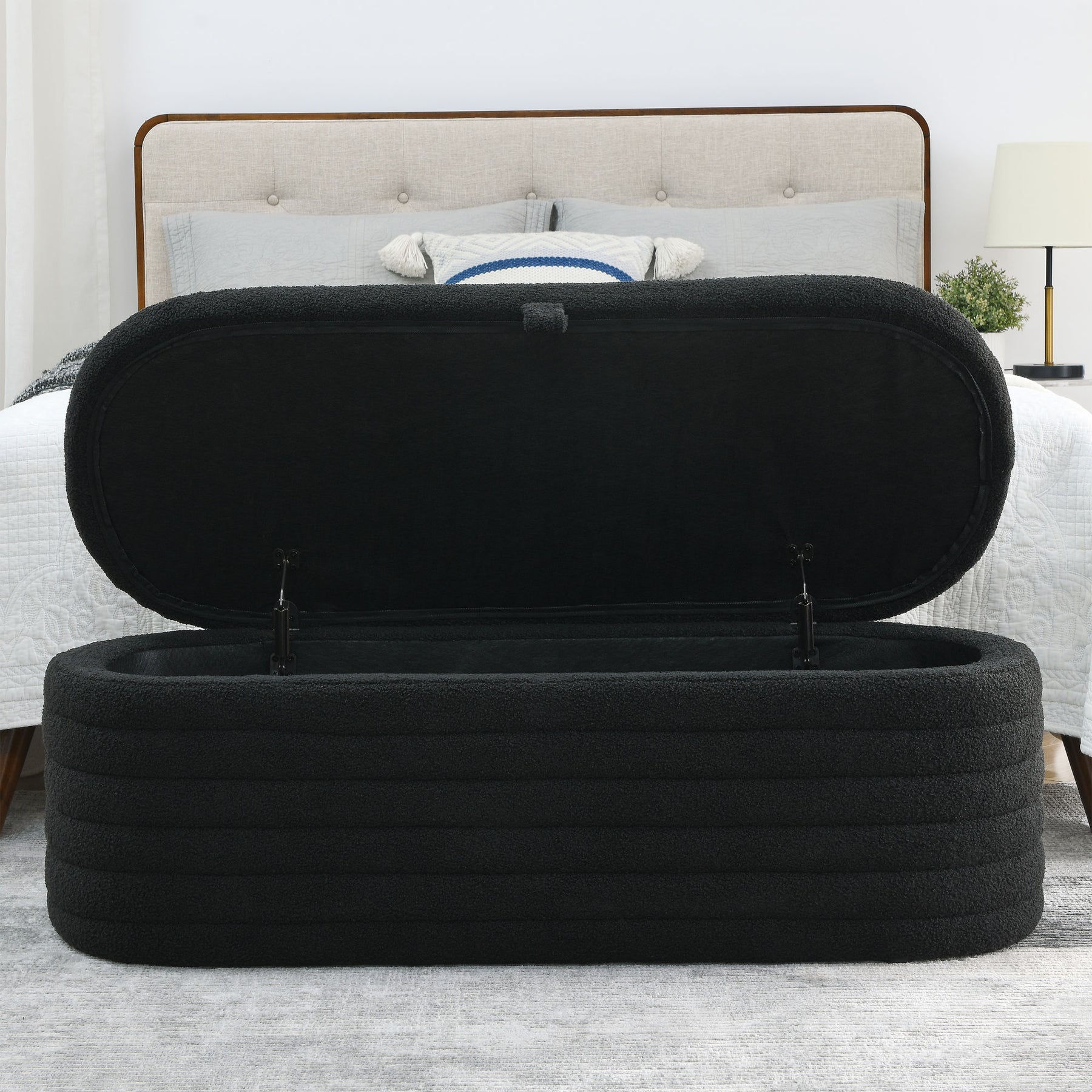 Modern Upholstered Fabric Storage Ottoman Bench with Safety Hinge (Black Teddy)