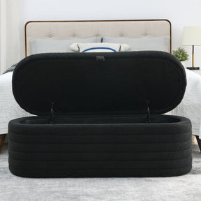 Modern Upholstered Fabric Storage Ottoman Bench with Safety Hinge (Black Teddy)