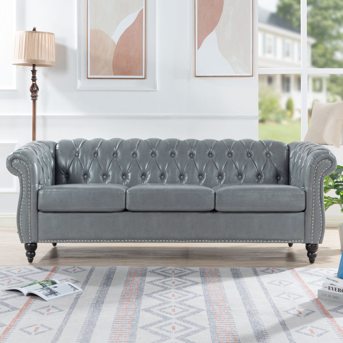 Gray Rolled Arm Chesterfield 3 Seater Sofa