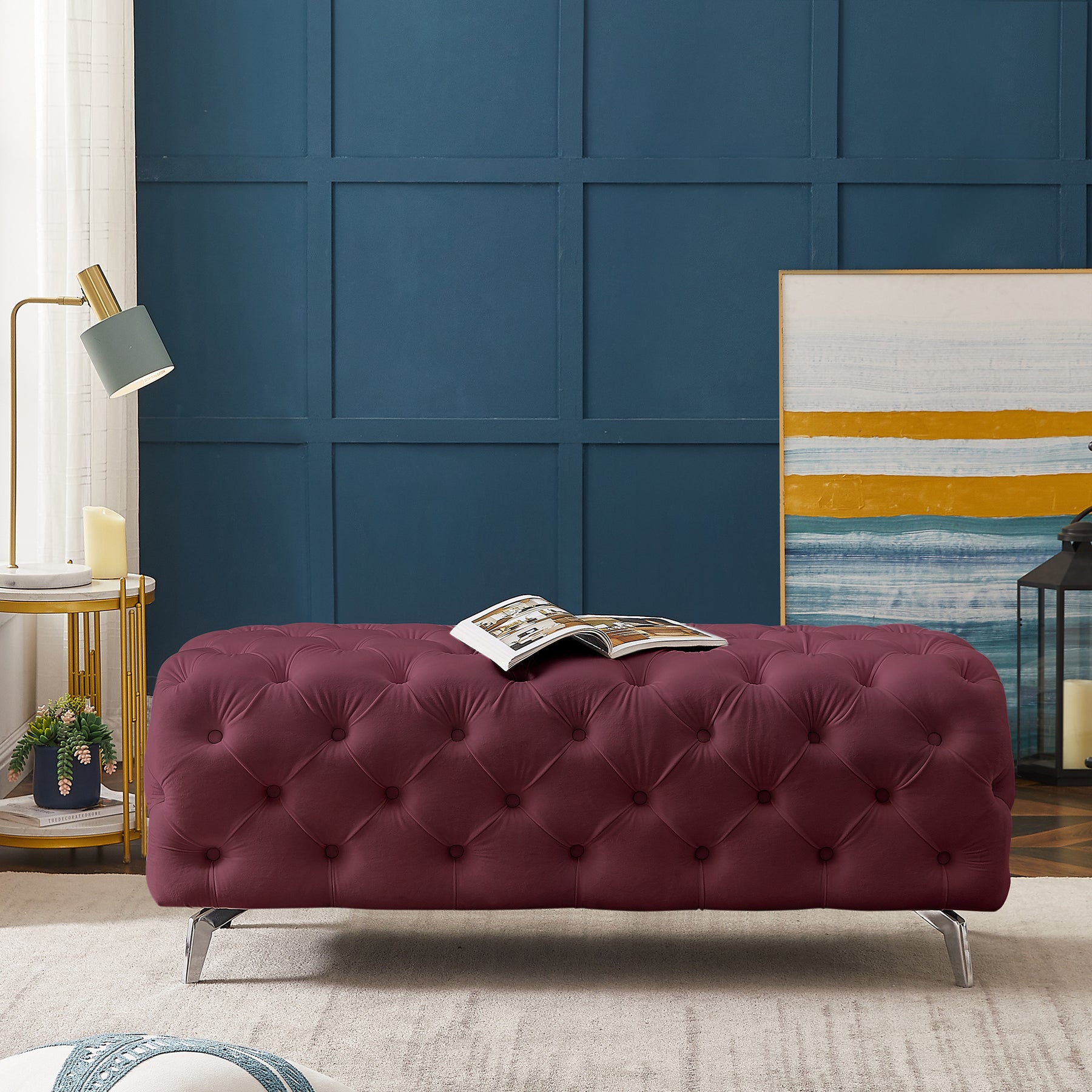 Burgundy Button-Tufted Upholstered Velvet Ottoman Bench