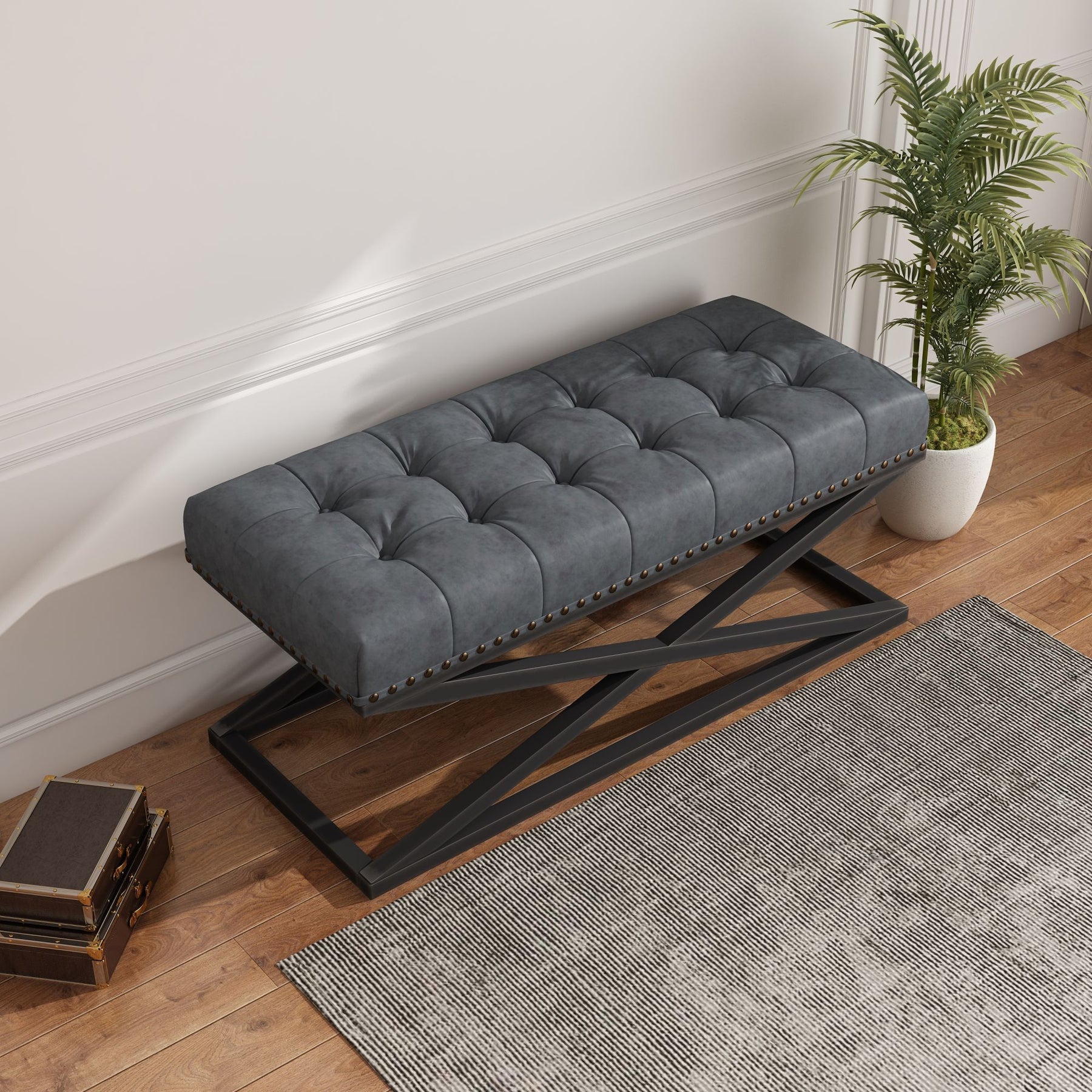 Vintage Vegan Leather Bed Bench with Retro Metal Base (Dark grey)