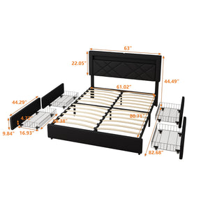 Queen Size Bed Frame with LED Lights, USB Charging Station, Black Textured Paint Bed Frame, Four Bottom Drawers for Stable Storage and Assembly, Black