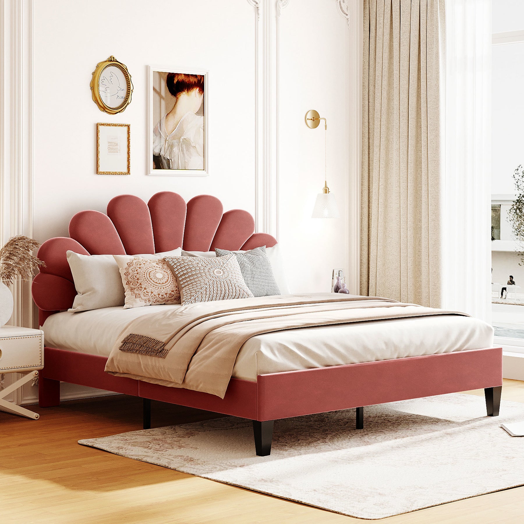 Flower Pattern Upholstered Platform Bed | Queen Size