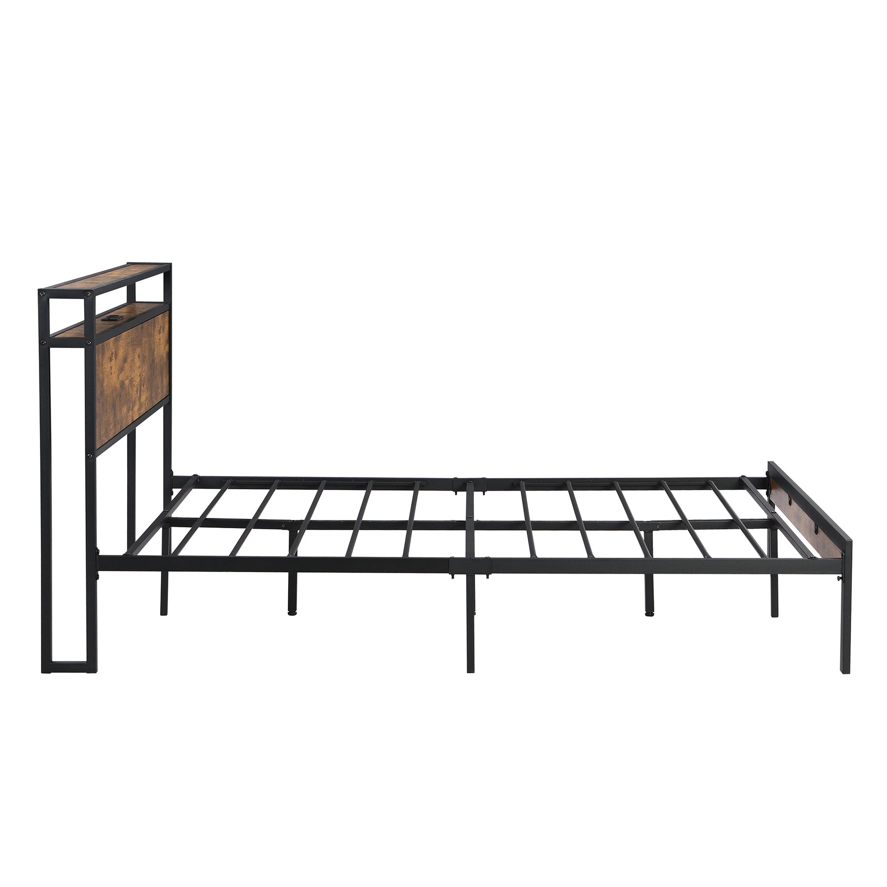 Queen Size Metal Platform Bed Frame with Wooden Headboard and Footboard with USB LINER, No Box Spring Needed, Large Under Bed Storage, Easy Assemble