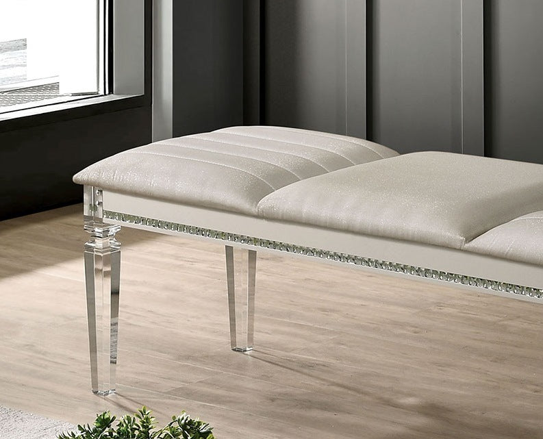 Pearl White Antique Bench: Classic Elegance with Wood, Acrylic, and Crystal Accents