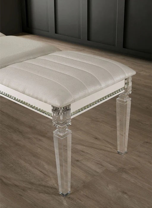 Pearl White Antique Bench: Classic Elegance with Wood, Acrylic, and Crystal Accents