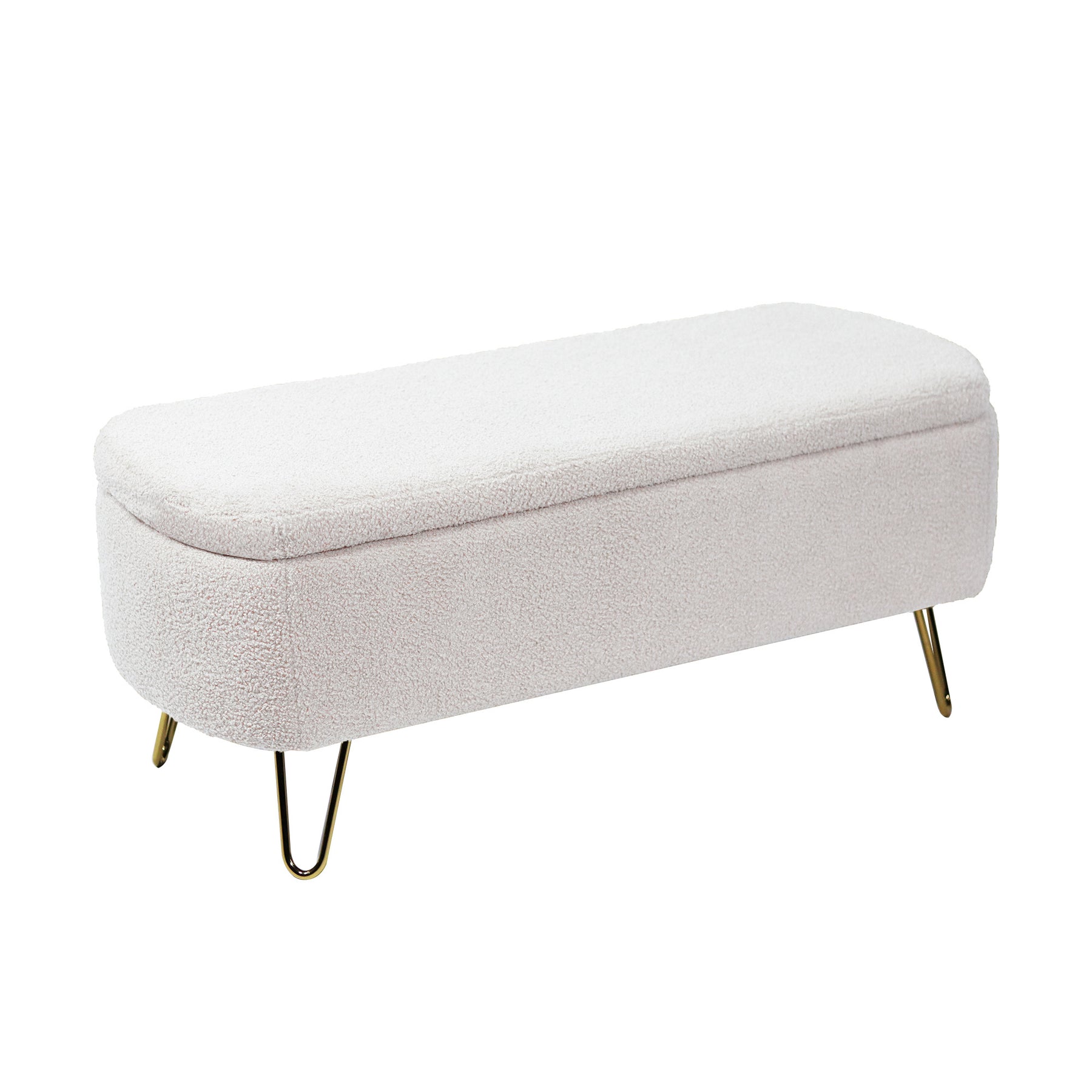 Modern Ivory White Faux Fur Storage Ottoman Bench with Gold Legs