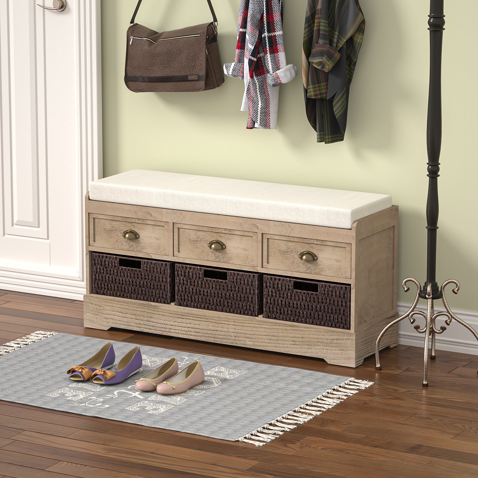 Storage Bench with 3 Drawers | 3 Rattan Baskets and Removable Cushion