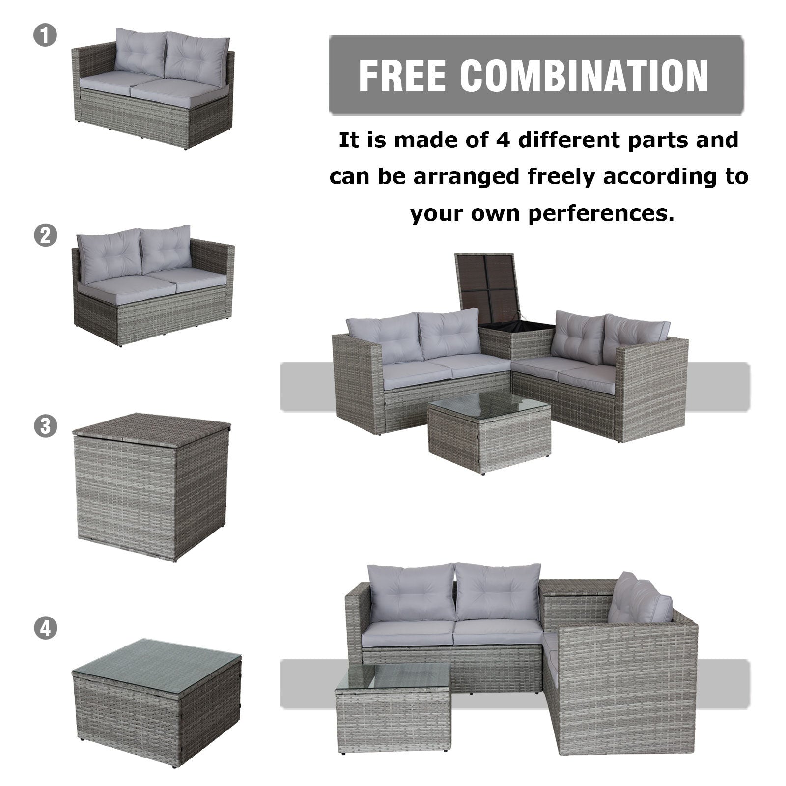 4 Piece Patio Sectional Wicker Rattan Outdoor Furniture Sofa Set with Storage Box Grey