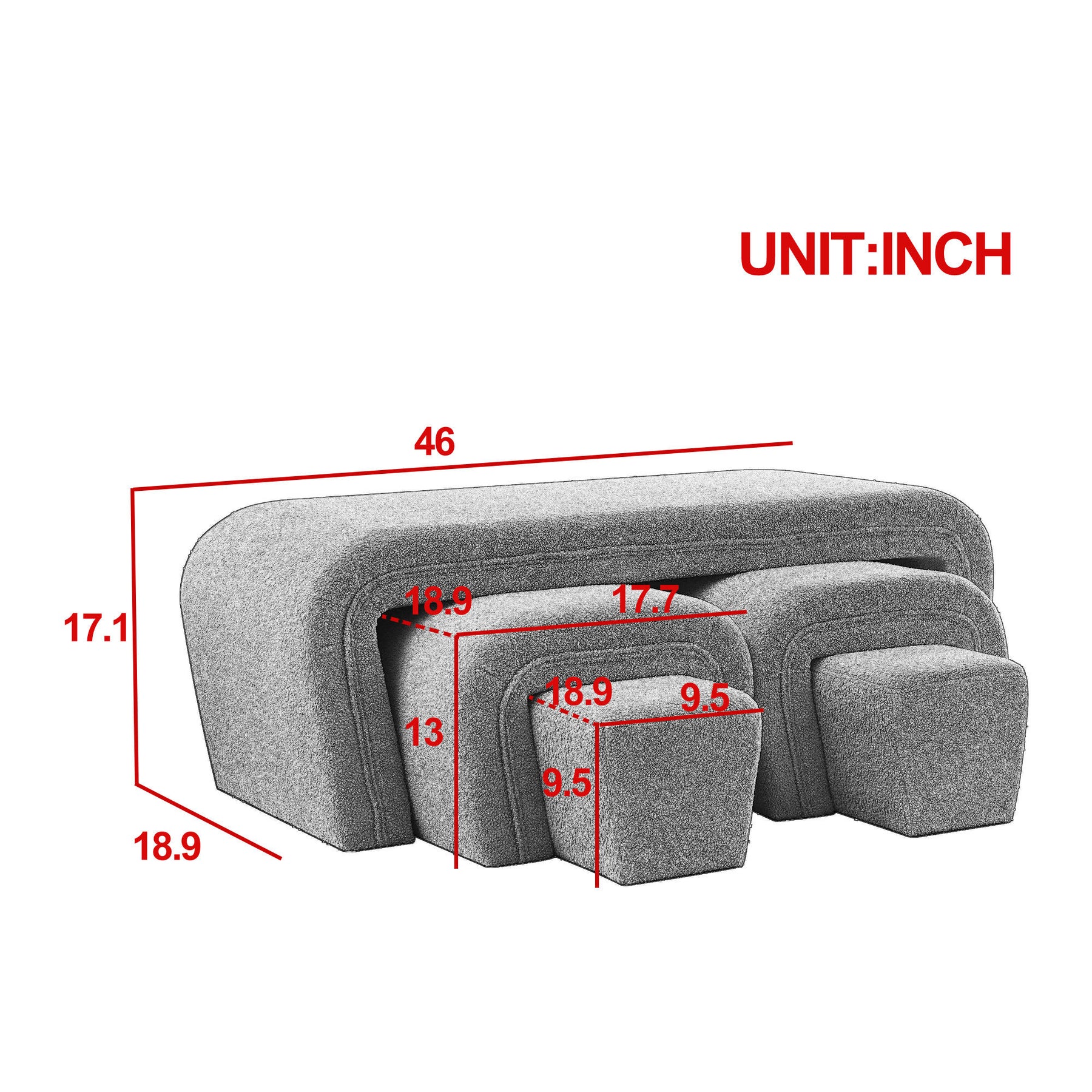 Modern Contemporary Upholstered Nesting Bench including Four Nesting Benches (Teddy White)