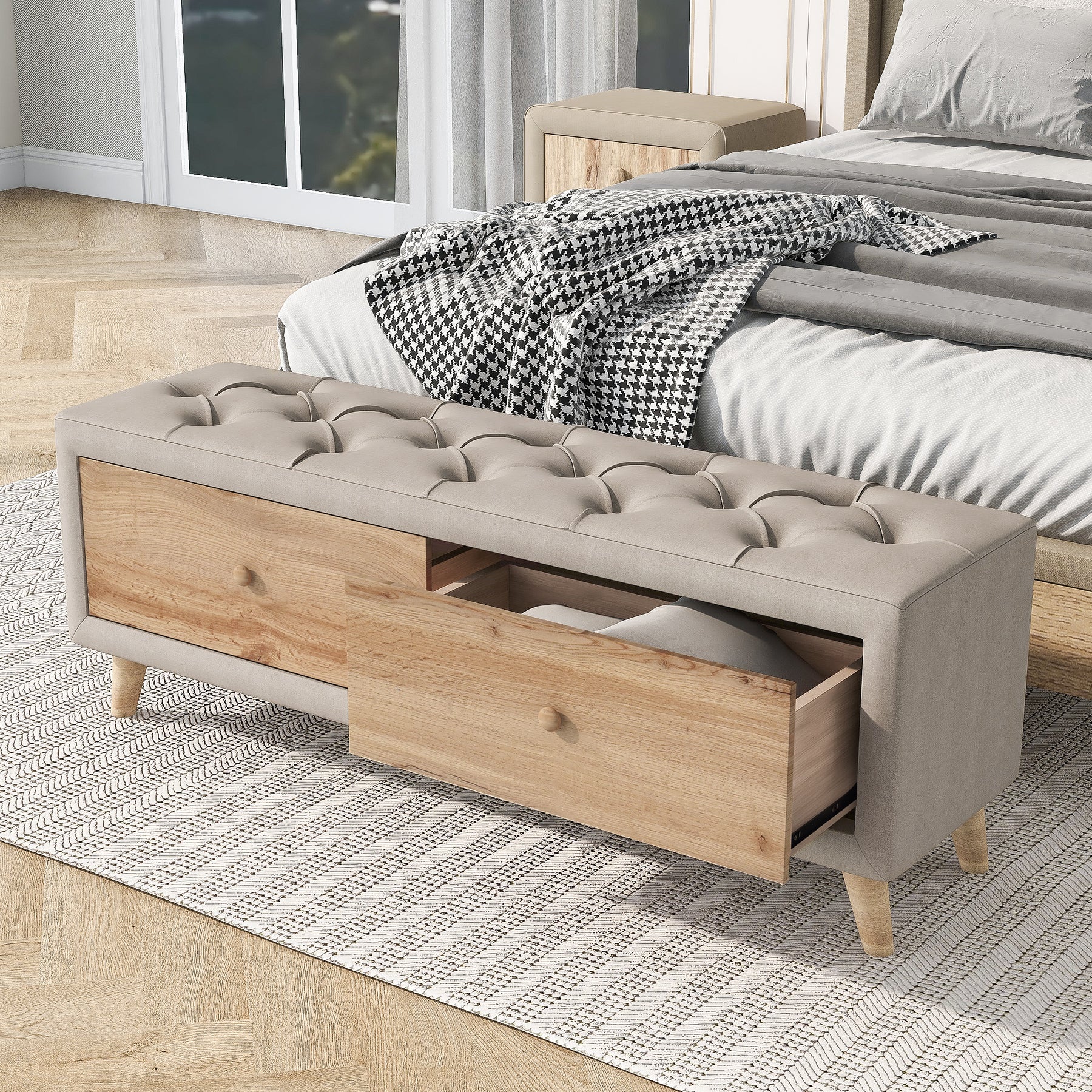 Upholstered Wooden Storage Ottoman Bench with 2 Drawers (Beige)