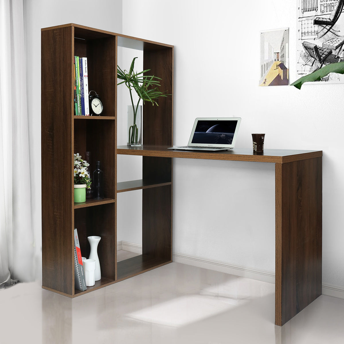 2-in-1 Computer Desk/ L-shape with shelves in Walnut